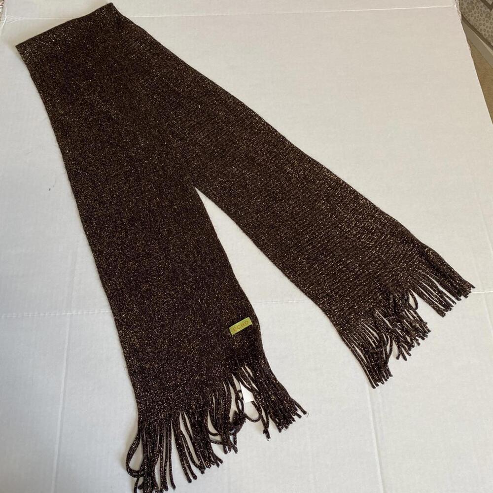ECHO Metallic Brown Scarf Womens OS NWT Autumnal Boho Chic Knitware Fringe Cozy